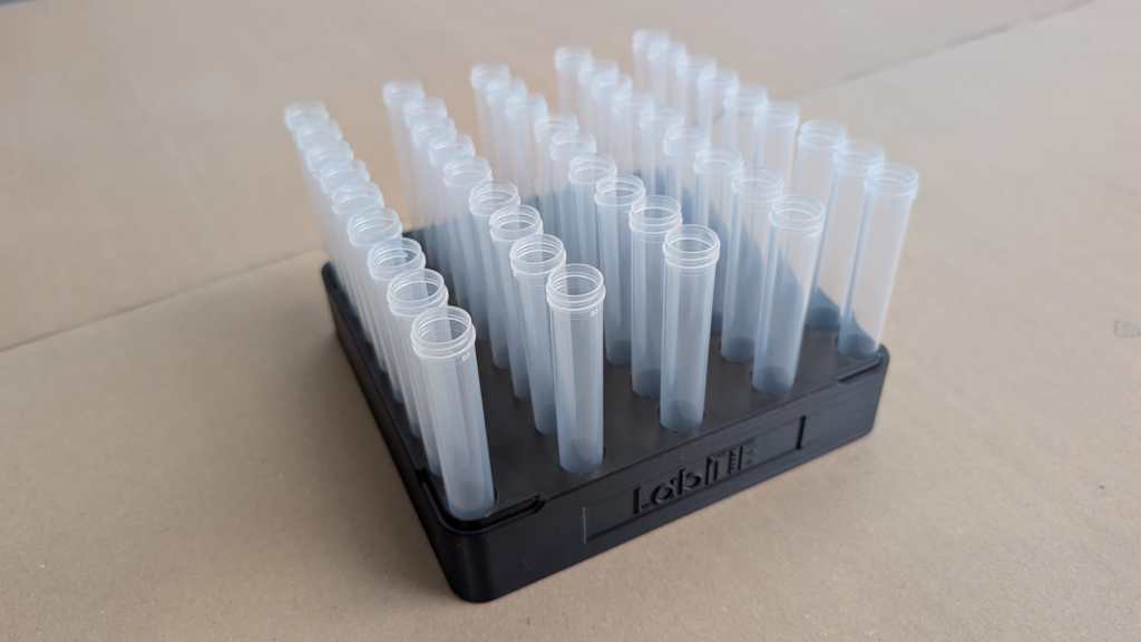 Custom LabTIE 45 position rack holding 15 mL Greiner conical tubes