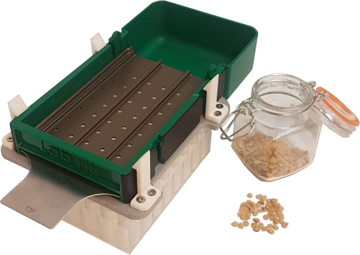 LabTIE 45 Tube Seed Dispenser loaded with seed above a 45 position snap cap tube rack, with a seed jar alongside