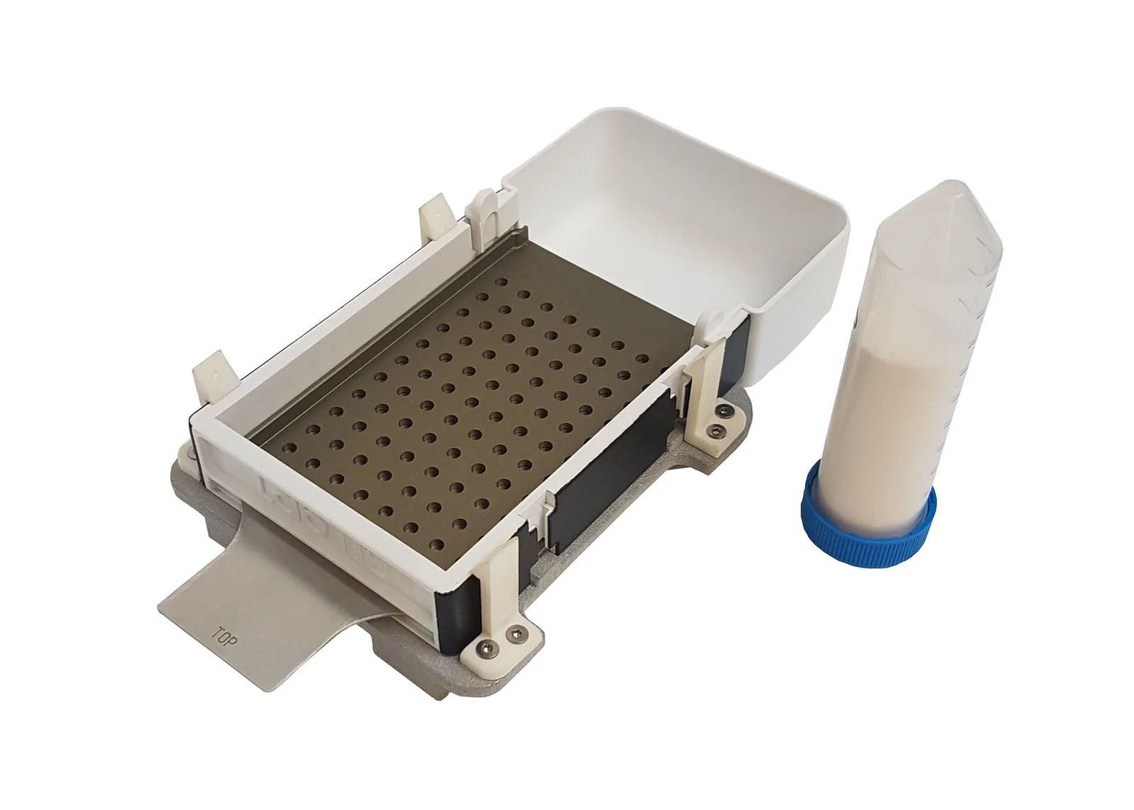 LabTIE 96-well powder dispenser dosing powder into a plate in the laboratory