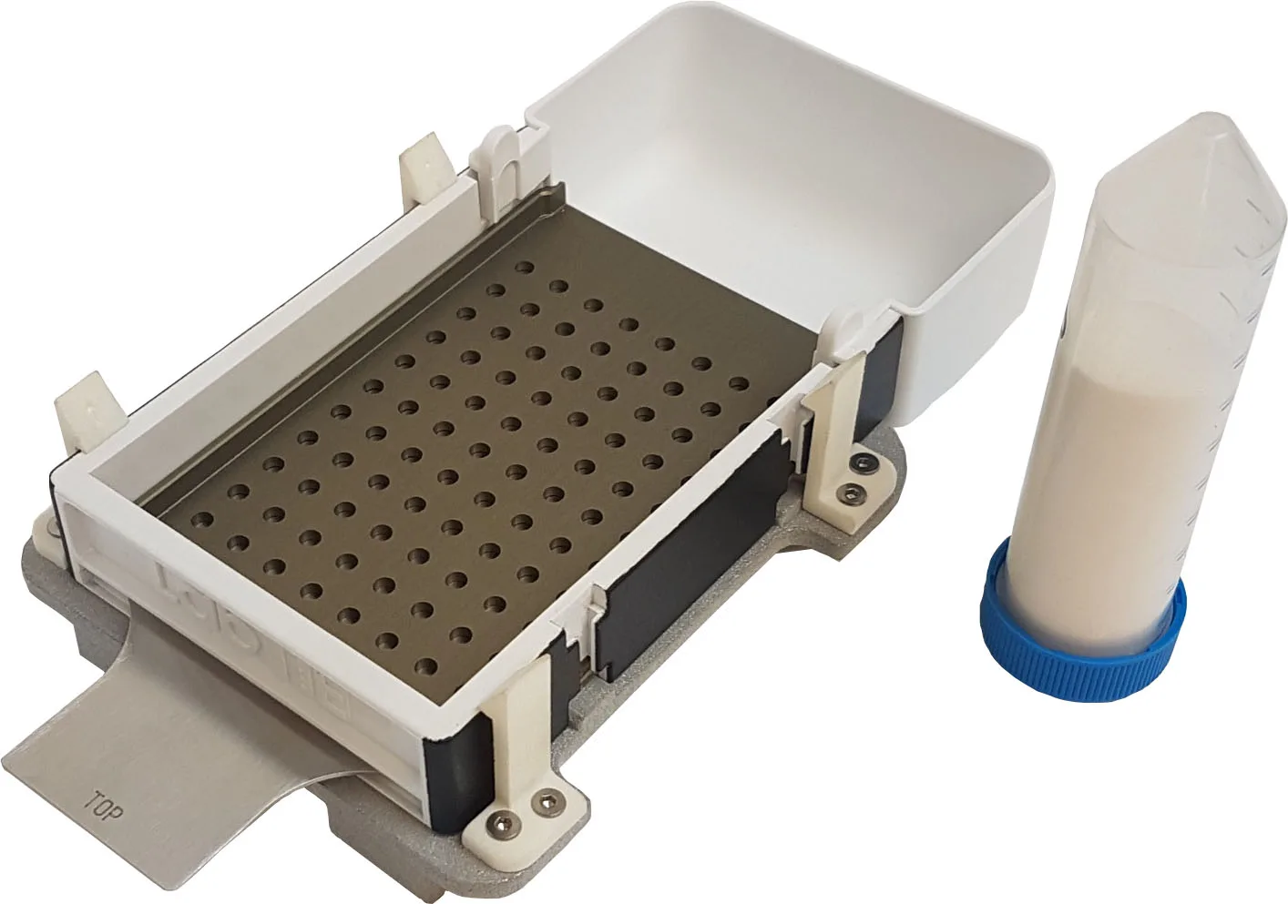 Manual LabTIE 96-well powder dispenser dosing powder into plates in the laboratory